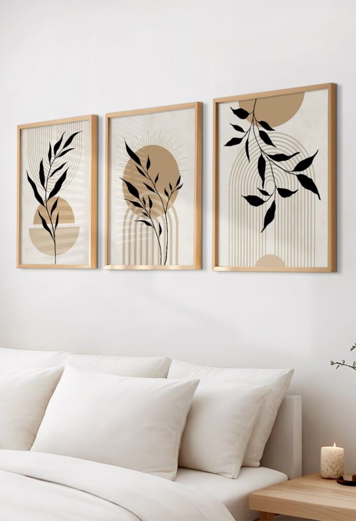 set of 3 beige and black mid century wall art prints